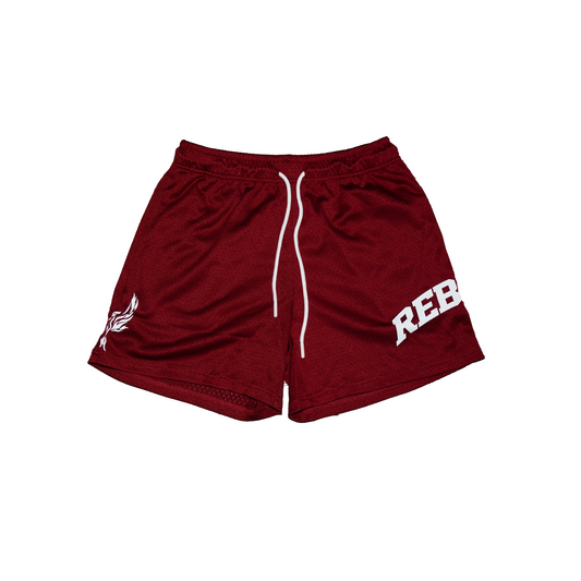 Maroon shorts with a logo and 'REB'