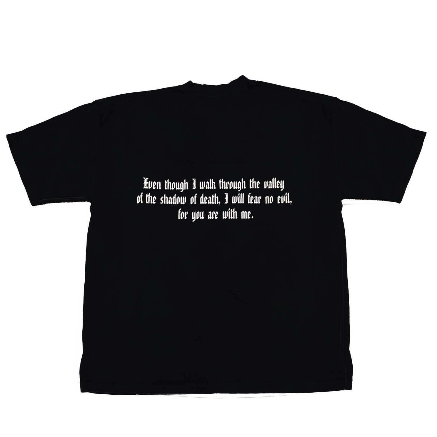 Black t-shirt with white text