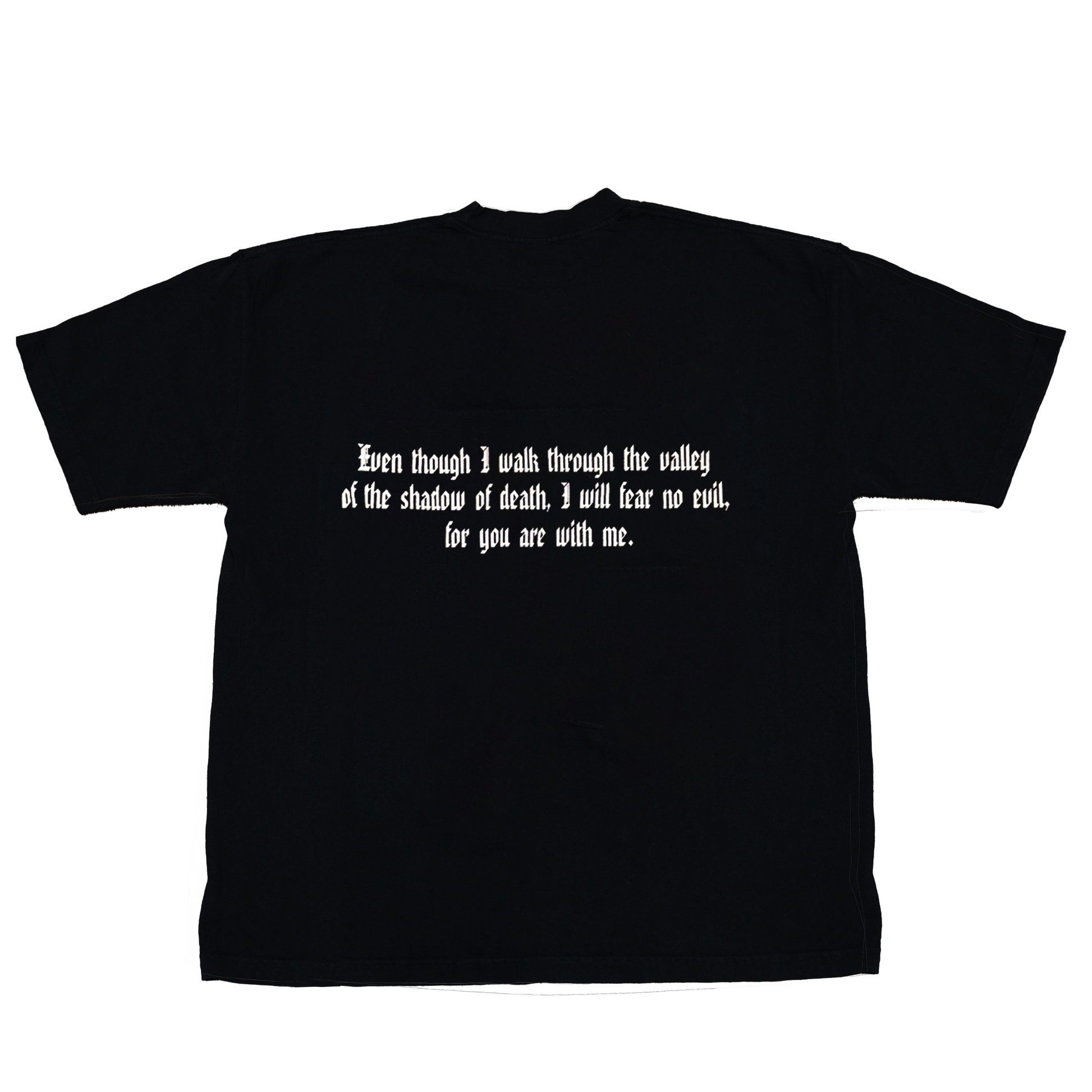 Black t-shirt with white text
