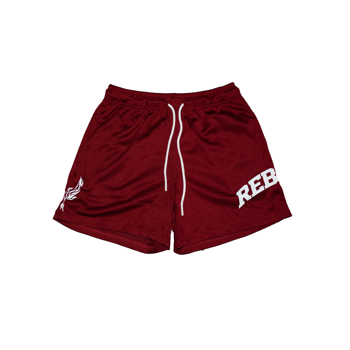 Maroon shorts with a logo and 'REB' 