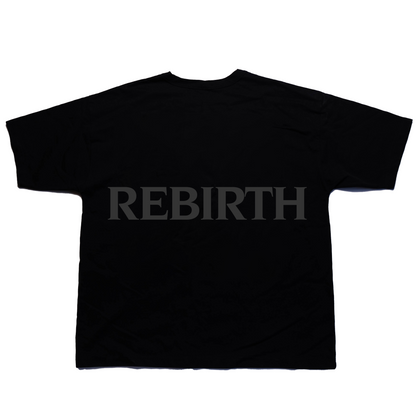 Black t-shirt with 'REBIRTH' text 