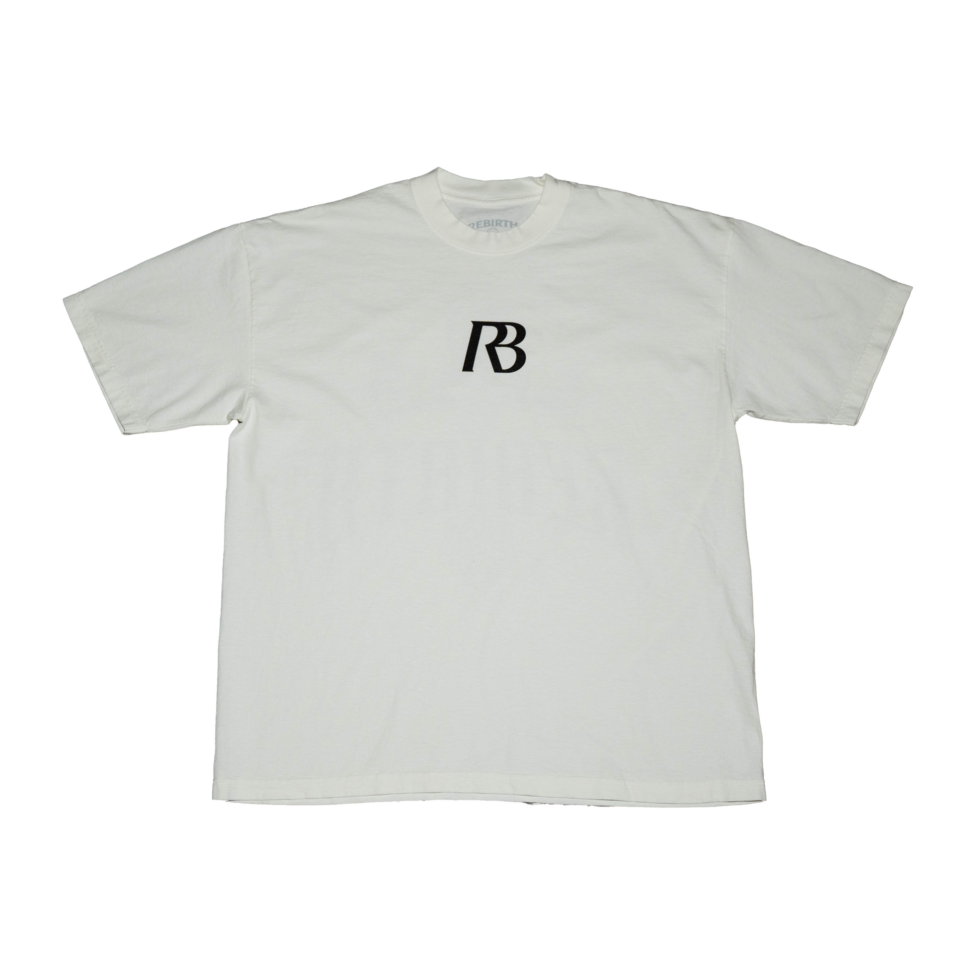 White t-shirt with a black logo 