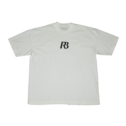 White t-shirt with a black logo 