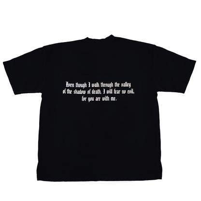Black t-shirt with white text 